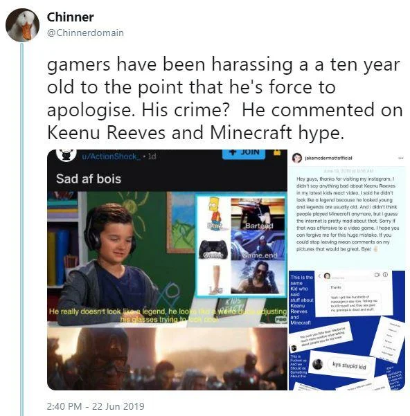 Tweet criticizing gamer harassment of a child over Keanu Reeves and Minecraft comments