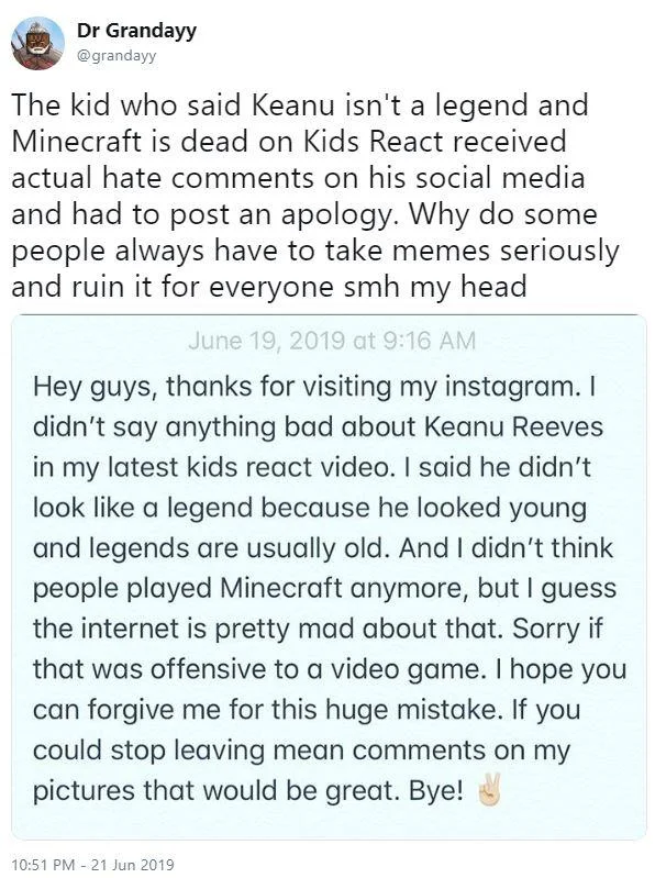 Keanu Reeves — Dr Grandayy tweet quoting the Kids React Keanu apology post