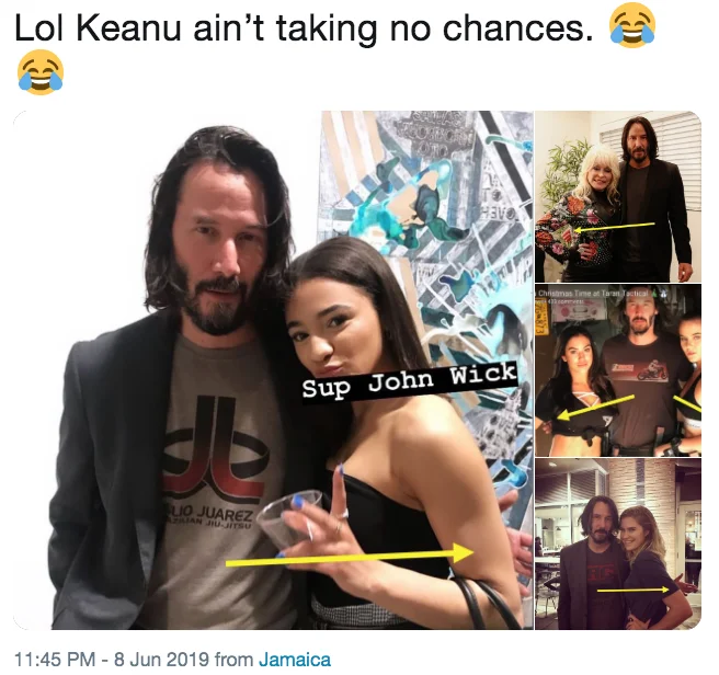 Tweet screenshot showing Keanu Reeves hovering his hands rather than touching female fans in group photos