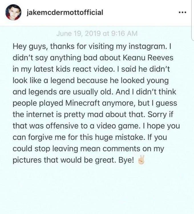 Instagram apology post from a child creator regarding comments about Keanu Reeves and Minecraft