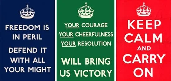 Side-by-side comparison of Keep Calm and Carry On in red paired with Now Panic and Freak Out in blue.