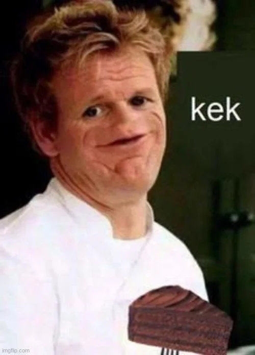 Gordon Ramsay in chef whites holding chocolate cake slice with 'kek' text in upper right.