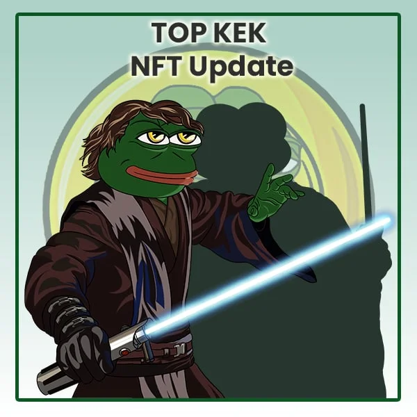Illustrated Pepe the Frog as Star Wars Jedi with blue lightsaber and 'TOP KEK NFT Update' text.