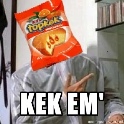 Figure's head replaced with Turkish Eti Topkek snack cake package with 'KEK EM'' caption.