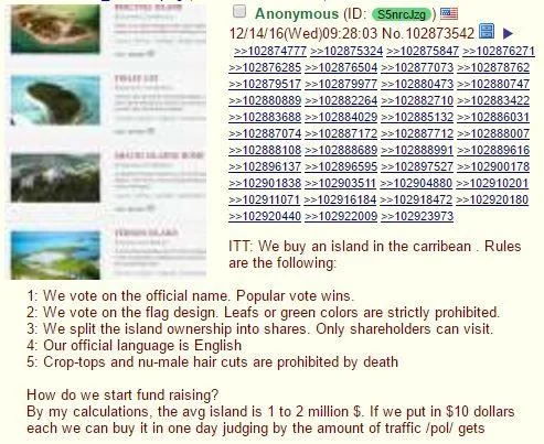 Kekistan — 4chan pol thread screenshot proposing purchase of a Caribbean island with rules for the new nation