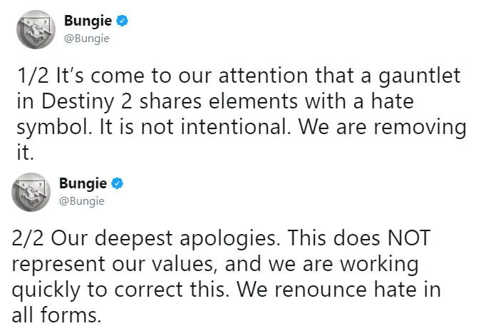 Kekistan — Bungie two-part tweet apologizing for Destiny 2 gauntlet resembling a hate symbol