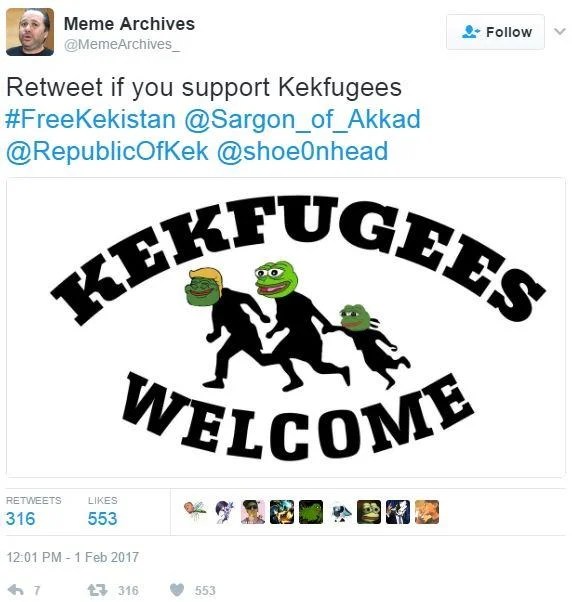 Kekistan — Tweet with Kekfugees Welcome graphic showing dancing Pepes parodying the Refugees Welcome logo