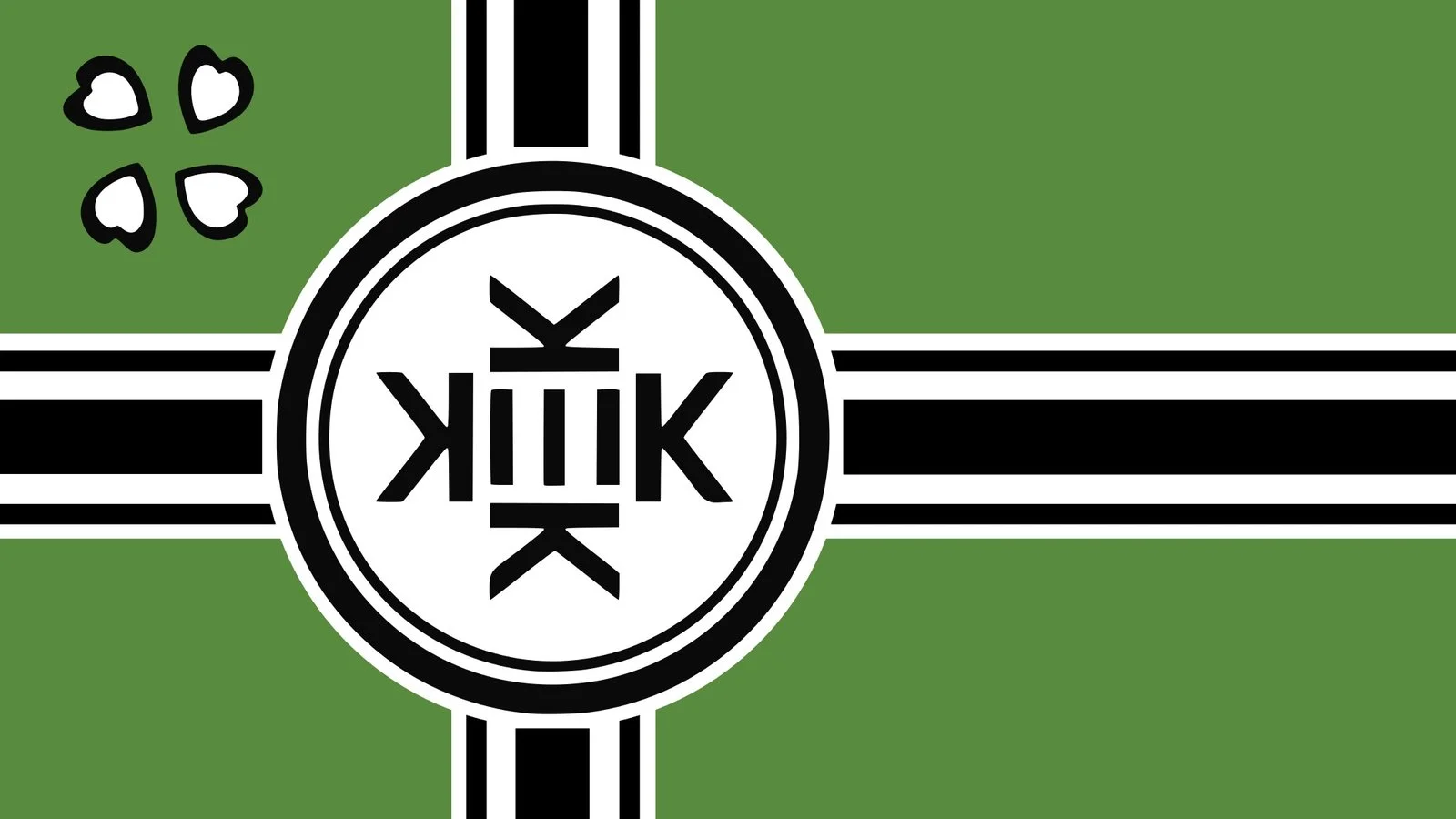 Green Kekistan flag with black-and-white cross, central KEK emblem, and 4chan clover