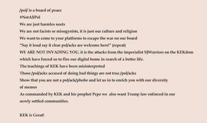 Satirical manifesto text claiming pol is a board of peace and Kekistanis are refugees