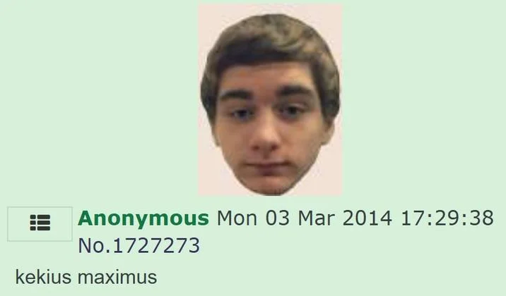 4chan post from 2014 showing a young man's face with caption 'kekius maximus'.