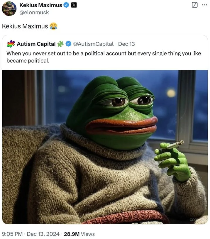 Elon Musk tweet posted under the alias Kekius Maximus quote-retweeting Autism Capital with an image of Pepe the Frog.