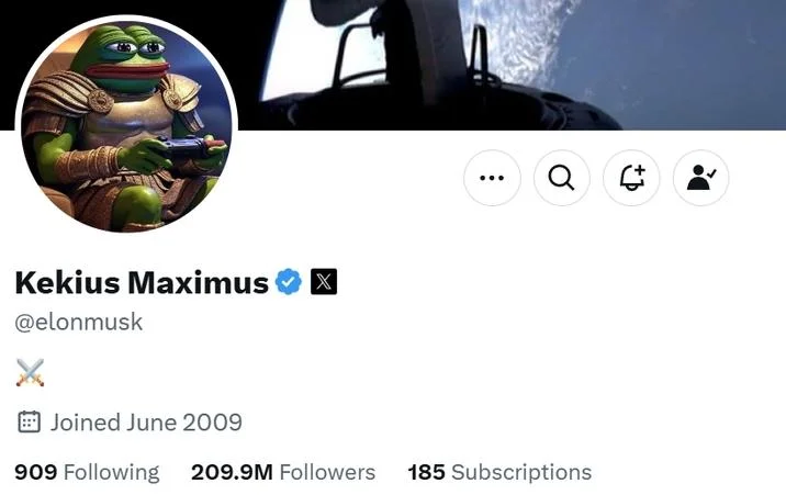 Screenshot of Elon Musk's X profile renamed to Kekius Maximus with a Pepe warrior avatar.