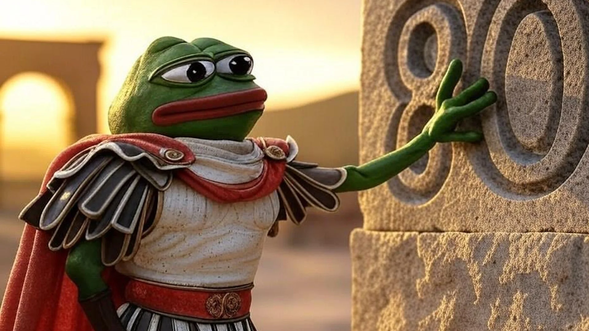 Pepe the Frog in Roman general armor and red cape, styled as Kekius Maximus, standing before a sandstone monument at sunset.