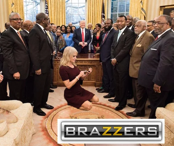 Kellyanne Conways Oval Office Couch Photo — Original press photo with Brazzers adult entertainment company logo overlaid in the lower-right corner.