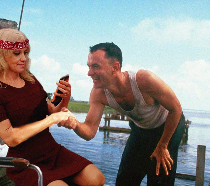 Kellyanne Conways Oval Office Couch Photo — Photoshopped image transplanting Kellyanne Conway in burgundy dress to a Forrest Gump dock scene.