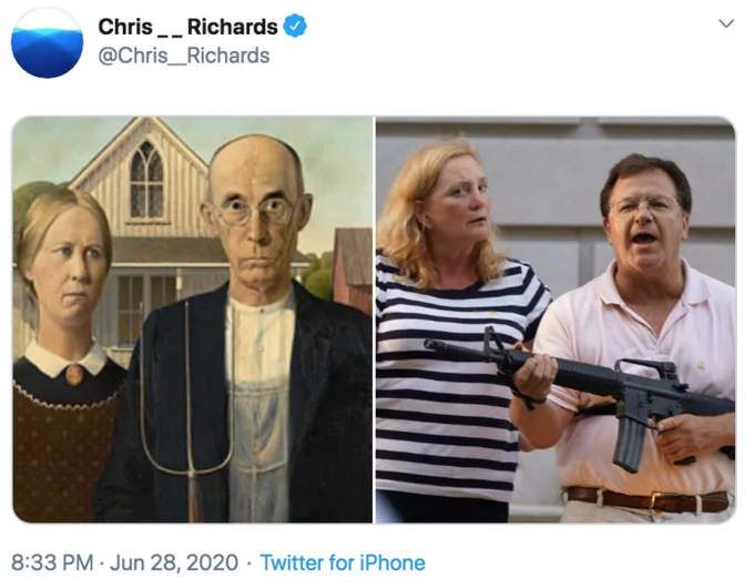 Ken And Karen St Louis Missouri Gun Couple — Side-by-side comparison of the American Gothic painting and the McCloskey couple with guns.