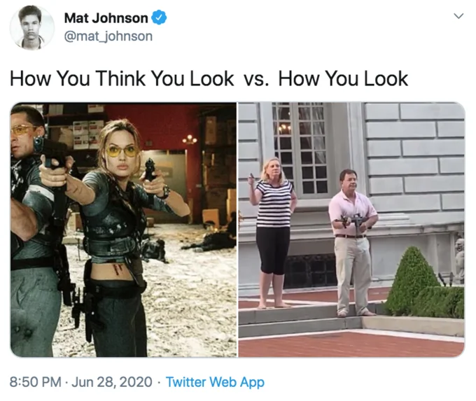 Ken And Karen St Louis Missouri Gun Couple — Meme comparing sleek film characters holding guns to the awkward barefoot McCloskeys pointing firearms.