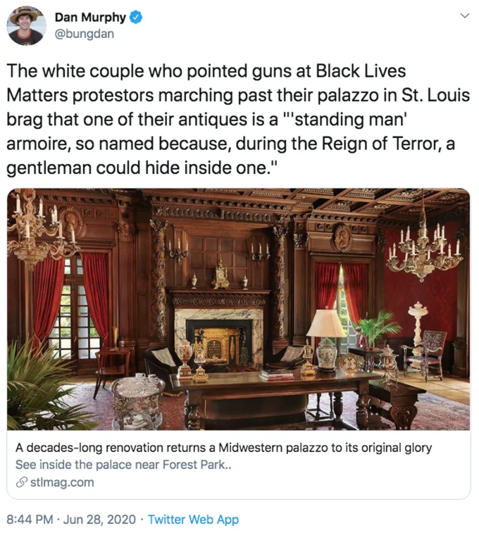 Ken And Karen St Louis Missouri Gun Couple — Tweet with photo of the McCloskey mansion's lavish wood-paneled interior featuring chandeliers and a fireplace.