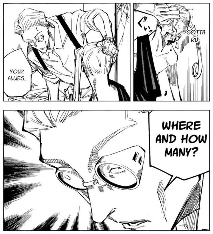 Kento Nanami Hair Pull — Black and white manga panels from Jujutsu Kaisen showing Kento Nanami grabbing character by hair during interrogation.