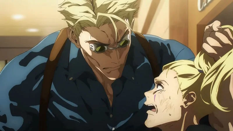 Kento Nanami Hair Pull — Anime screenshot of Kento Nanami in dark blue shirt with suspenders looming over Haruta Shigemo while gripping his blonde ponytail.