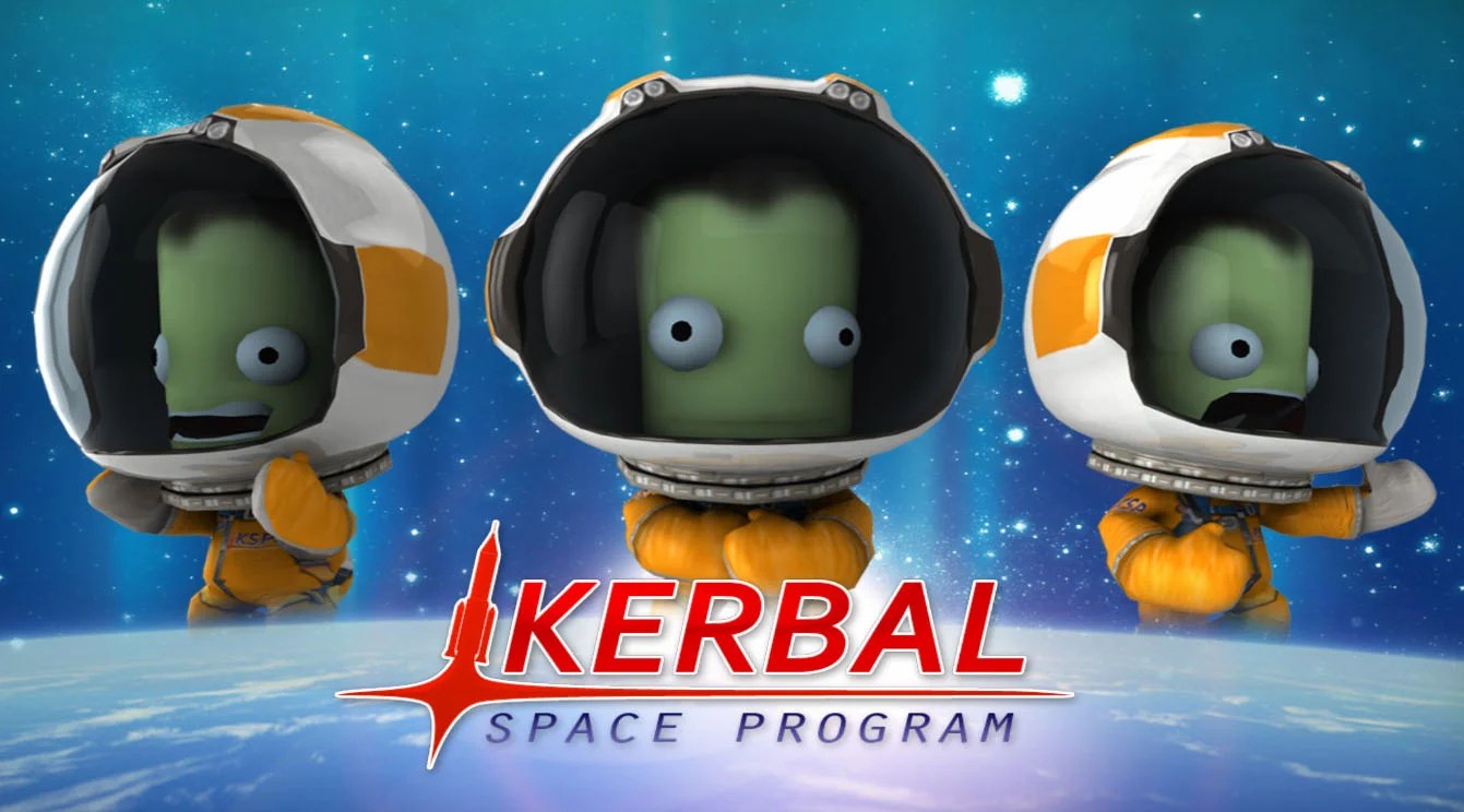 Three Kerbal astronauts in space suits with the Kerbal Space Program logo