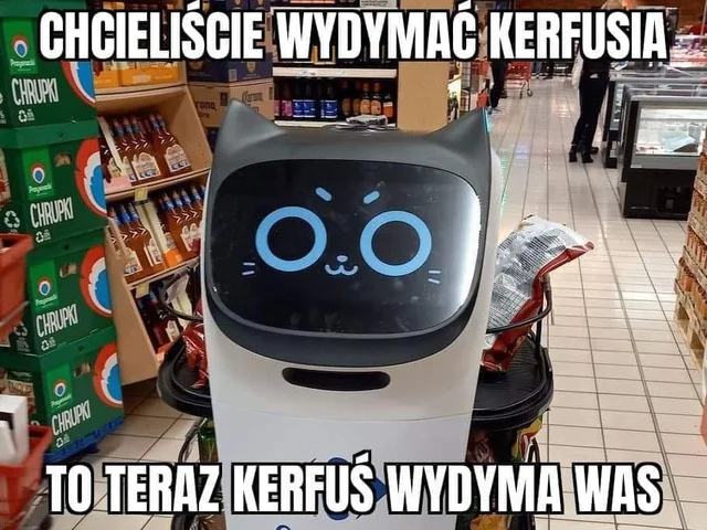 Polish meme showing an angry-faced Kerfus robot in a Carrefour store with impact-font macro text.