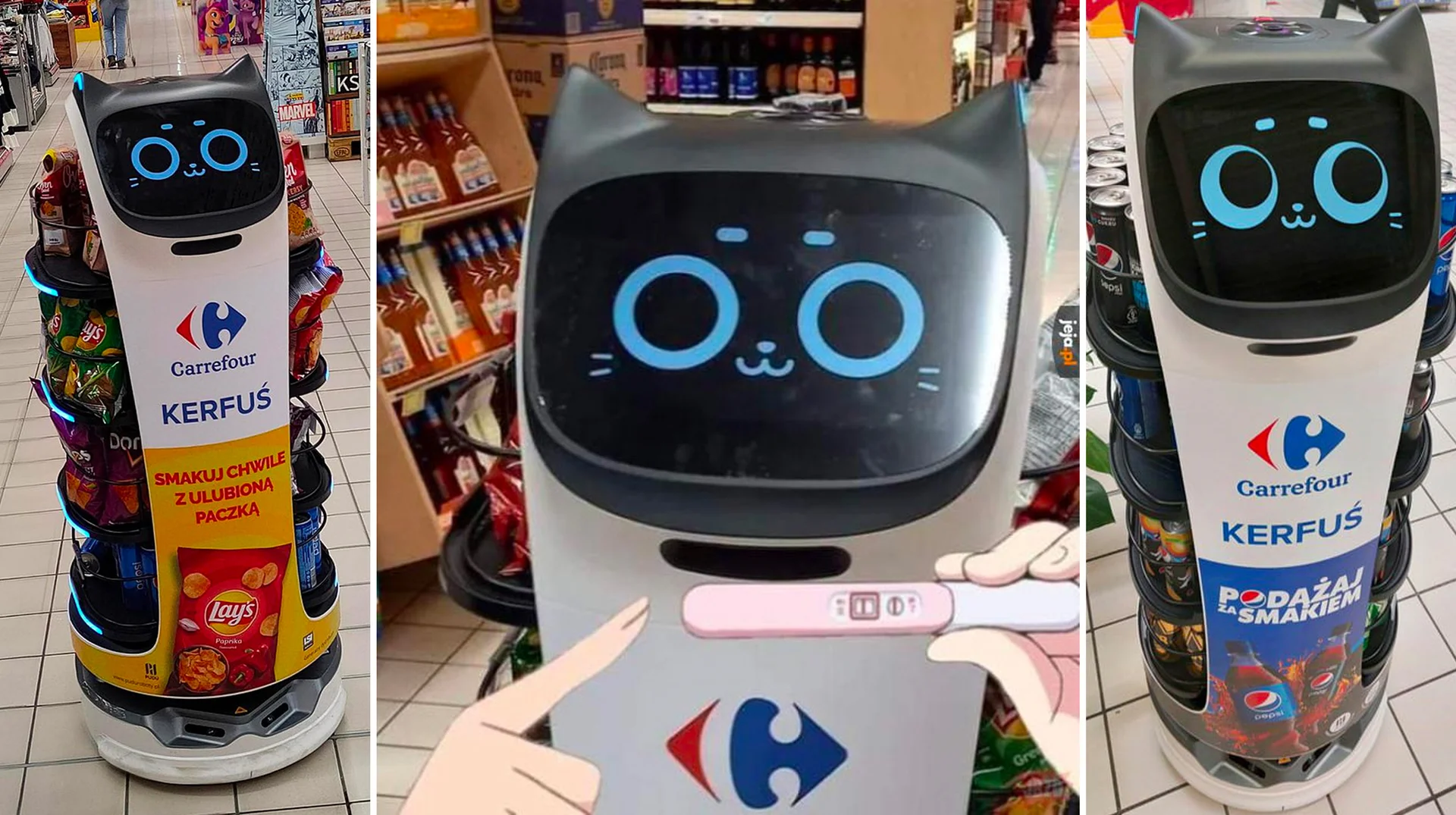 Kerfus — Three photos of the Kerfuś Carrefour delivery robot with a cat-face screen displaying blue eyes, stocked with snacks and drinks.