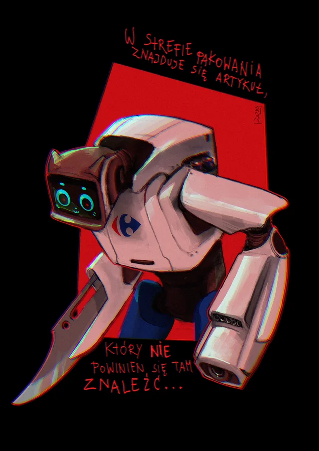 Dark painterly fan art of a menacing knife-wielding Kerfus with Polish self-checkout warning text.