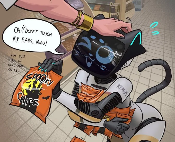Digital fan art of Kerfus as a cute cat robot holding Spooky Chips while being petted, with speech bubbles.