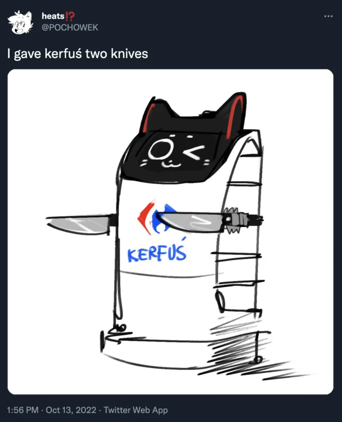 Twitter post showing a hand-drawn Kerfus robot armed with two knives.