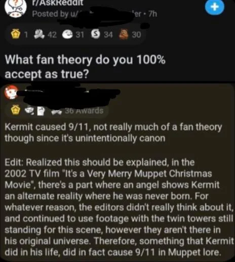Kermit Did 9/11 — Reddit screenshot of an AskReddit post explaining the Kermit caused 9/11 fan theory
