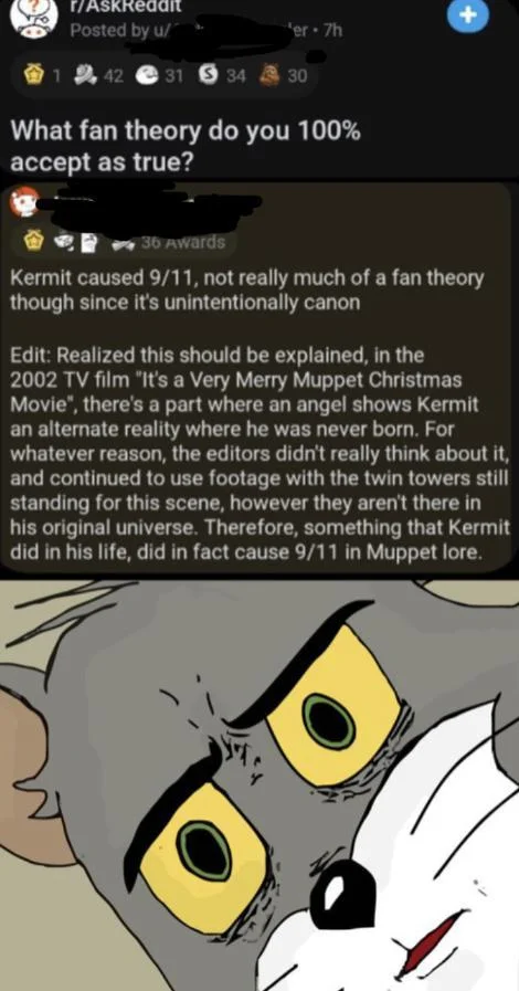 Kermit Did 9/11 — Reddit Kermit 9/11 fan theory above an Unsettled Tom reaction meme