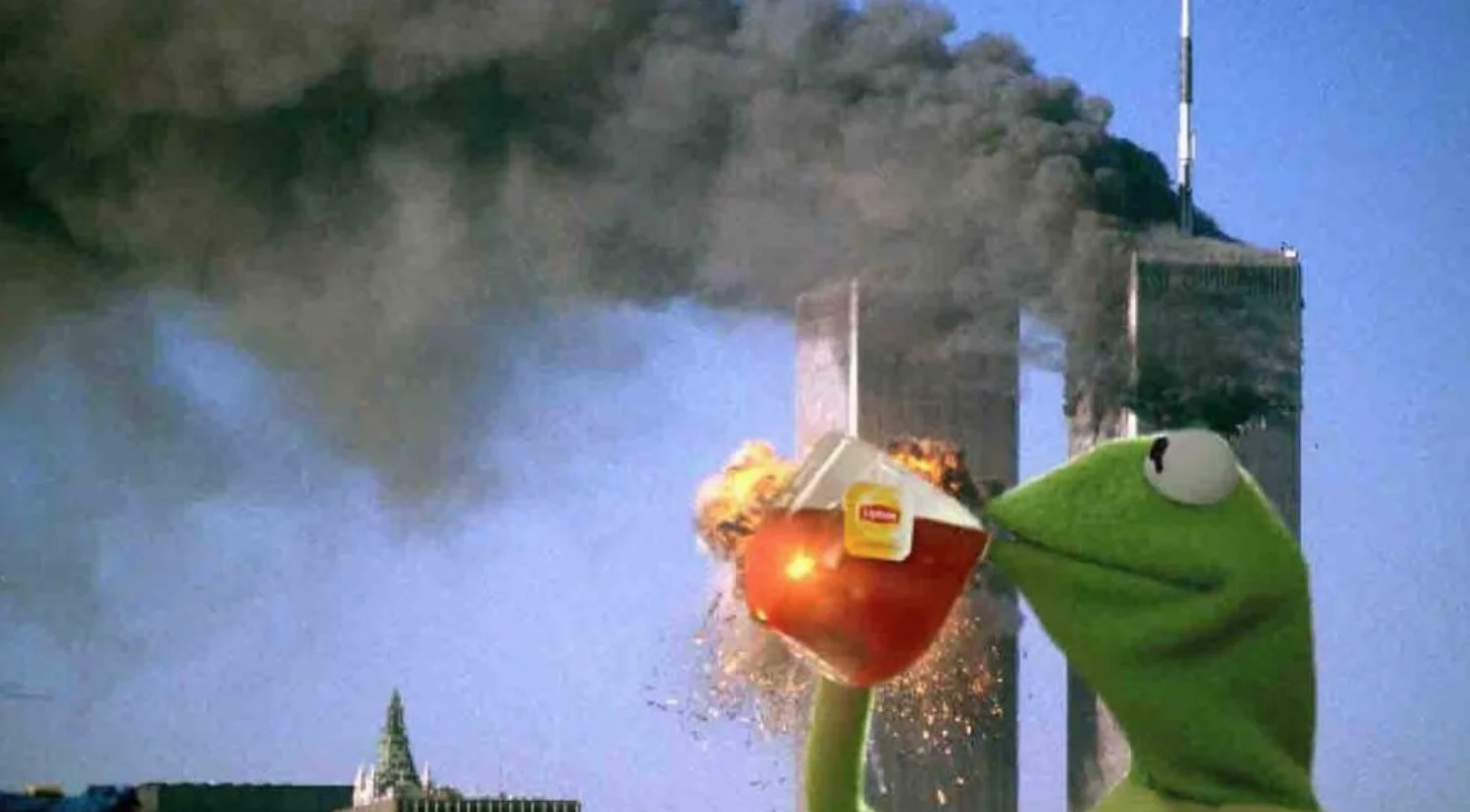 Kermit Did 9/11 — Kermit the Frog sipping Lipton tea in front of the burning Twin Towers on September 11
