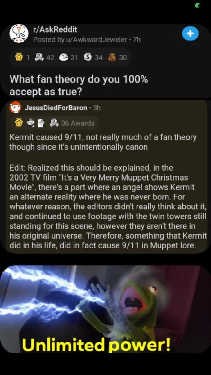 Kermit Did 9/11 — Reddit Kermit 9/11 theory above a Kermit Unlimited Power Star Wars meme