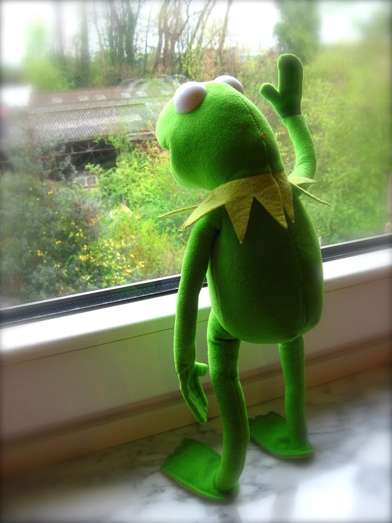 Kermit Looking Out Window — Kermit the Frog plush stands on a marble windowsill, one arm raised, gazing out at a lush green garden.