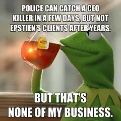 Kermit Sipping Tea — Kermit holds Lipton tea cup with knowing expression and white impact text ending with 'But That's None of My Business.'
