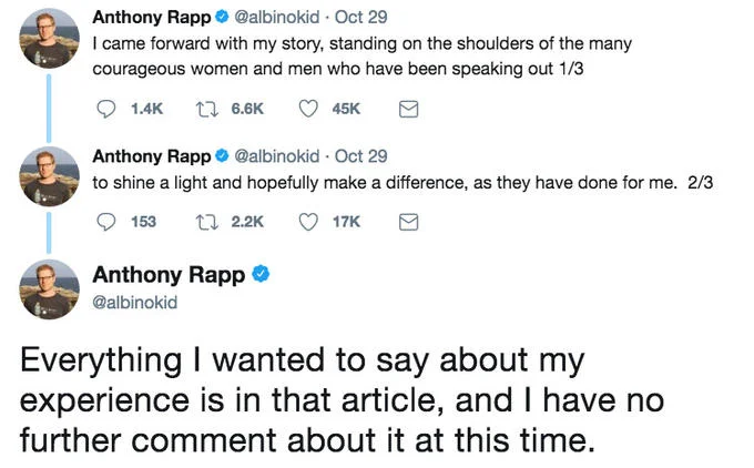 Kevin Spacey Sexual Assault Allegations — Anthony Rapp Twitter thread about coming forward with his Spacey story