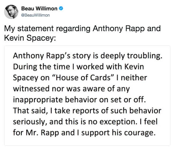 Kevin Spacey Sexual Assault Allegations — Beau Willimon Twitter statement about Anthony Rapp and Kevin Spacey