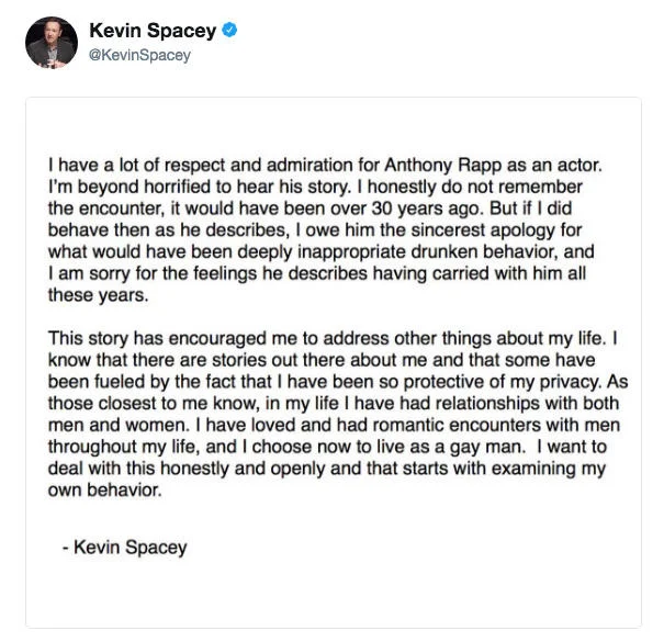 Kevin Spacey Sexual Assault Allegations — Screenshot of Kevin Spacey's Twitter statement about Anthony Rapp and coming out as gay