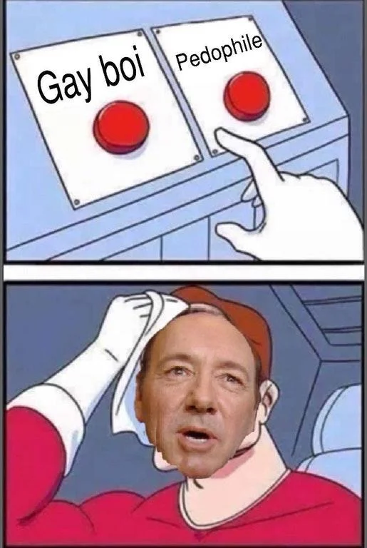 Kevin Spacey Sexual Assault Allegations — Two buttons meme with Kevin Spacey's face choosing between Gay boi and Pedophile labels