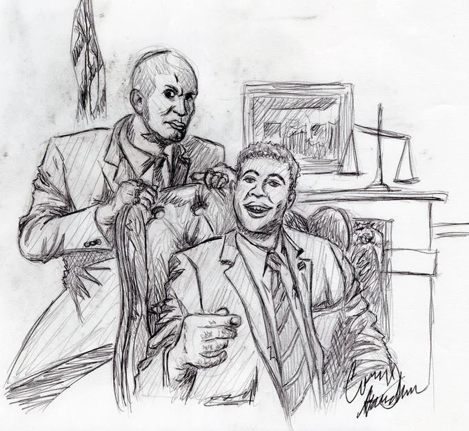 Pencil sketch fan art of Key and Peele in a courtroom-style sketch scene