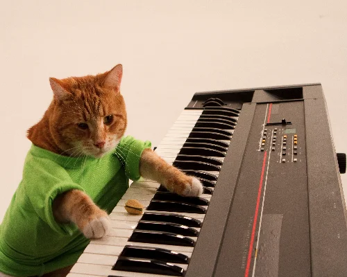 Keyboard Cat — Clean white-background photo of orange tabby cat in green shirt with paws reaching toward electronic keyboard keys.