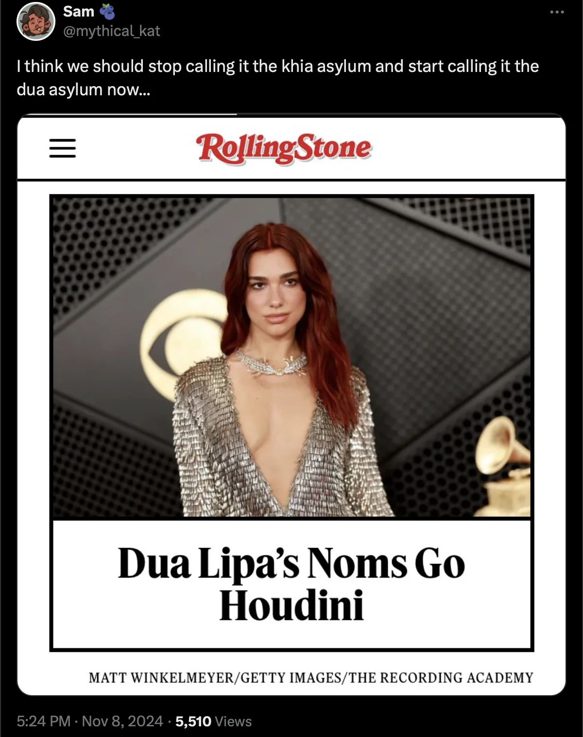 Tweet suggesting renaming khia asylum to dua asylum, over Rolling Stone Dua Lipa headline