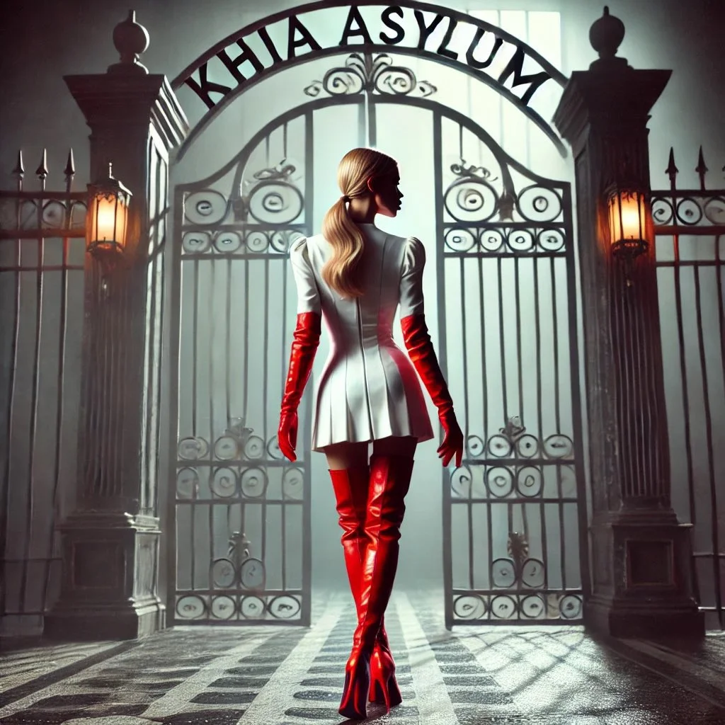 AI image of a blonde woman walking into gates labeled KHIA ASYLUM