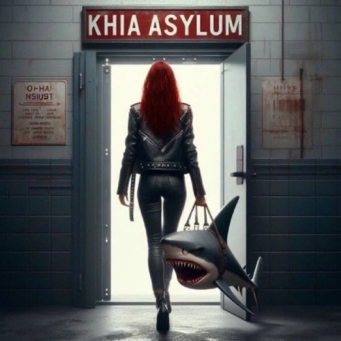 AI image of red-haired woman walking into KHIA ASYLUM carrying a shark handbag