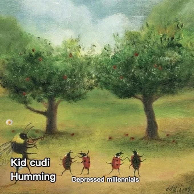 Painting of bee playing violin for dancing ladybugs labeled Kid Cudi humming and depressed millennials.