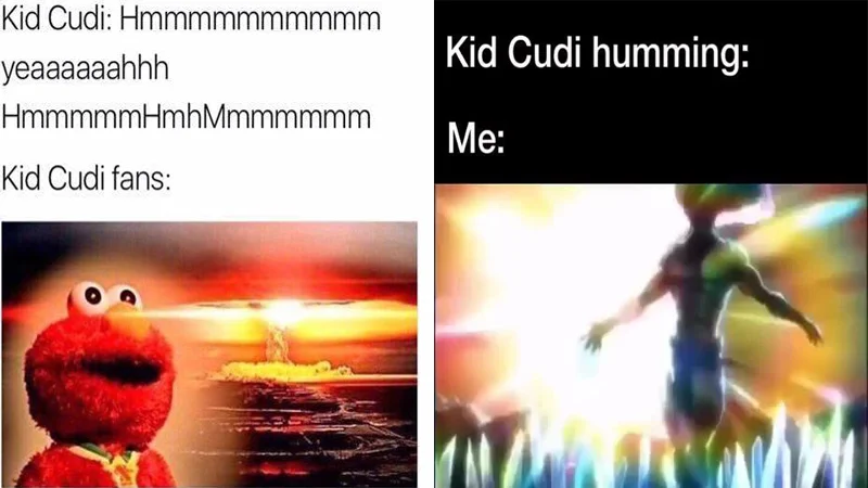 Banner collage with Elmo nuclear meme and glowing anime transformation under 'Kid Cudi humming' captions.