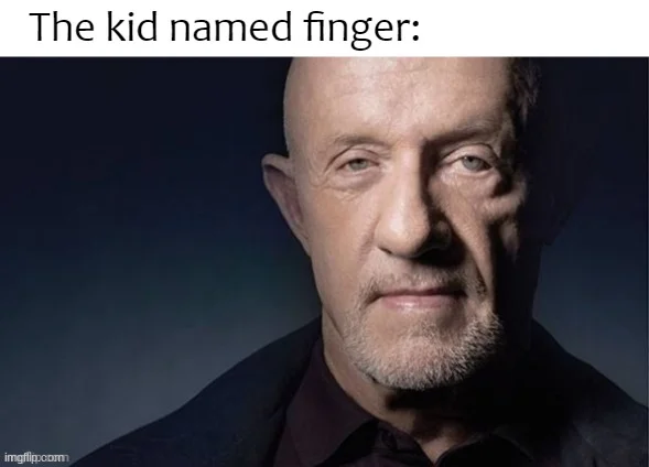 Clean meme with 'The kid named finger:' text above Mike Ehrmantraut portrait with minimal overlay.