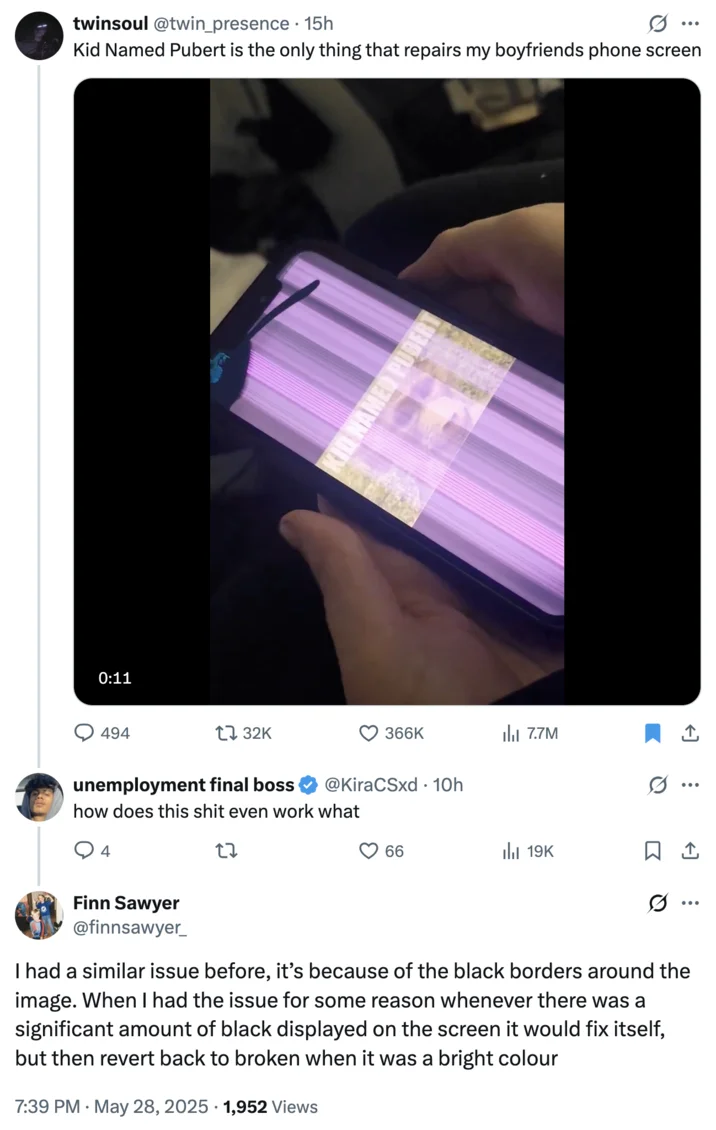 Tweet screenshot about Kid Named Pubert fixing a phone screen