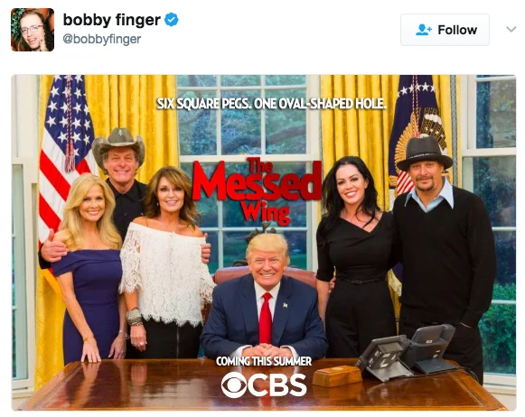 The Messed Wing fake CBS sitcom poster featuring Trump Kid Rock Ted Nugent and Sarah Palin